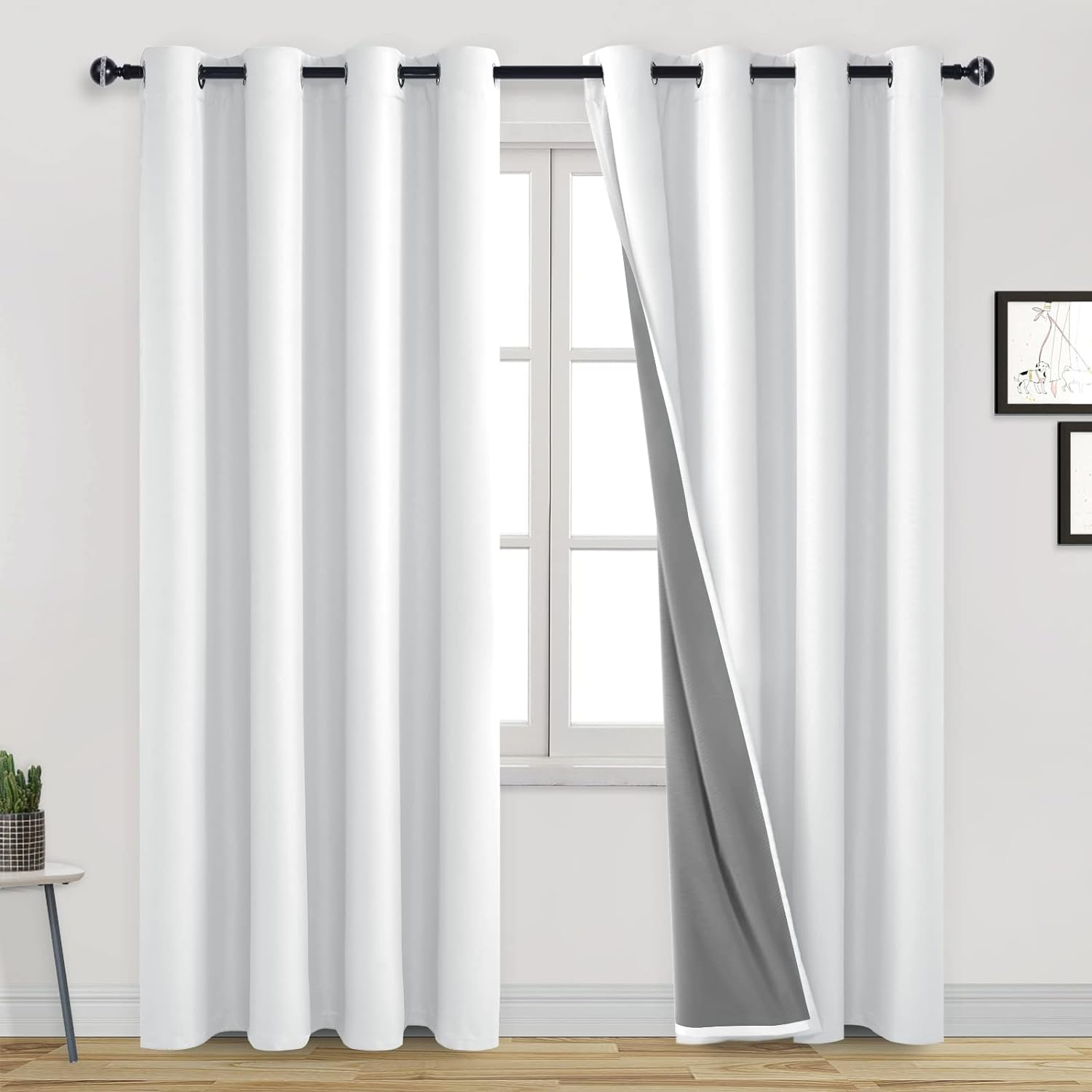 DWCN 100% Blackout Curtains for Living Room with Liner, Double Layer Thermal Insulated Full Room Darkening Noise Reducing Eyelet Curtains 2 Panels, Each W132Cm X D213Cm, Greynish White