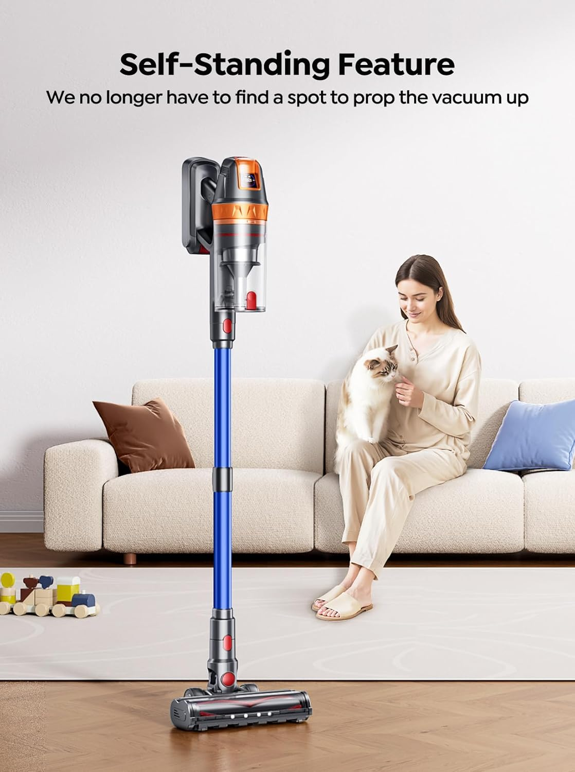 SMOTURE Cordless Vacuum Cleaner, 600W/45Kpa 60Mins Stick Vacuum for Home, Self-Standing Vacuum Cleaner with Mattress Brush, Wall Mount Charging, Auto Mode, Anti-Tangle Vacuum for Pet Hair/Carpet/Floor image number 5