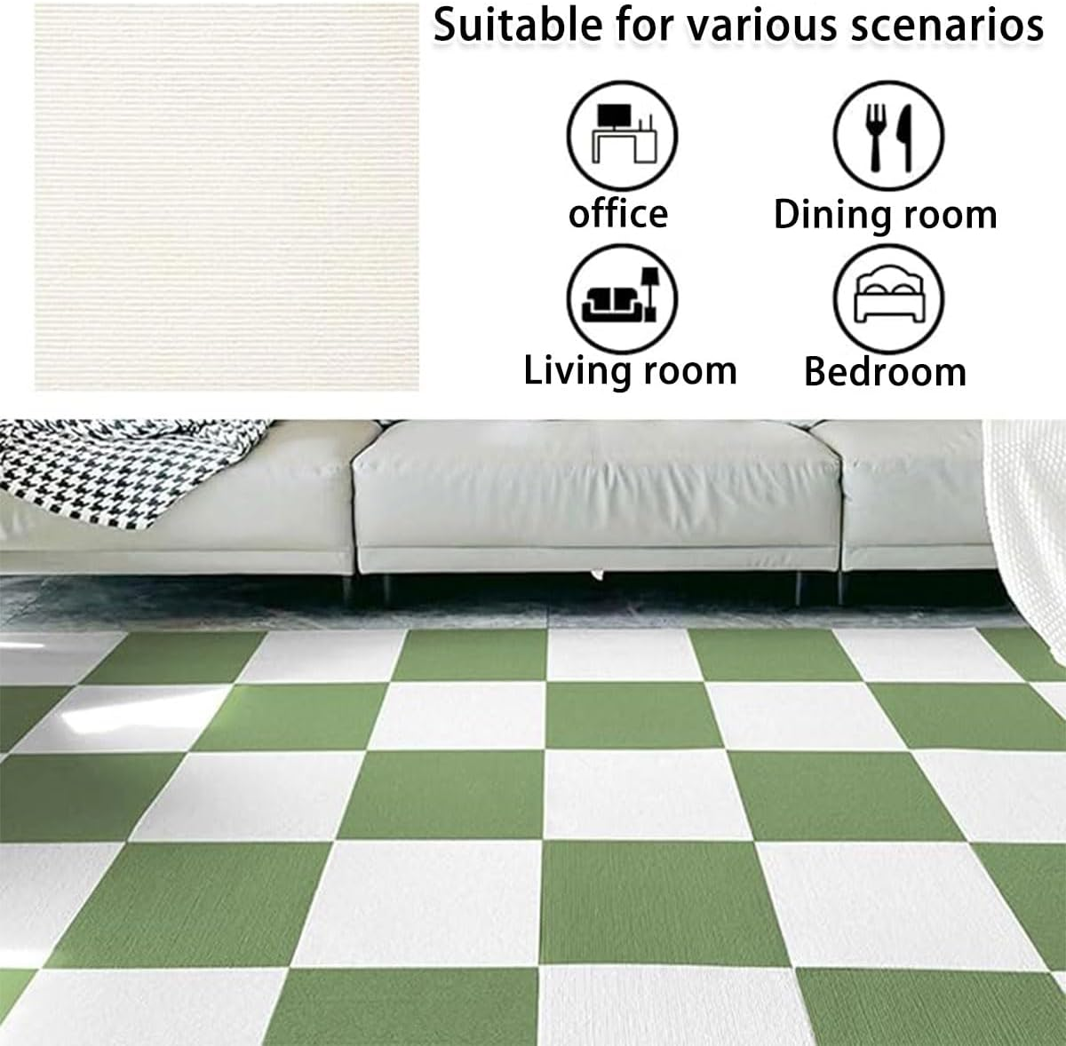 AIMALL 12PCS Patchwork Floor Mats 11.8In X 11.8In Self-Adhesive Japanese-Style Anti-Slip Polyester Carpet Tiles for Living Room Bedroom Entryway Beige Green - Green image number 4