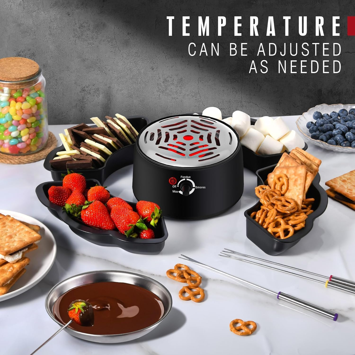 2 in 1 Electric S&rsquo;Mores Maker & Fondue Pot, Tabletop Indoor Smores Kit with 4 Roasting Forks, 4 Detachable Trays & 1 Flameless Temperature-Controlled Heater, Movie Night Supplies & Housewarming Gifts