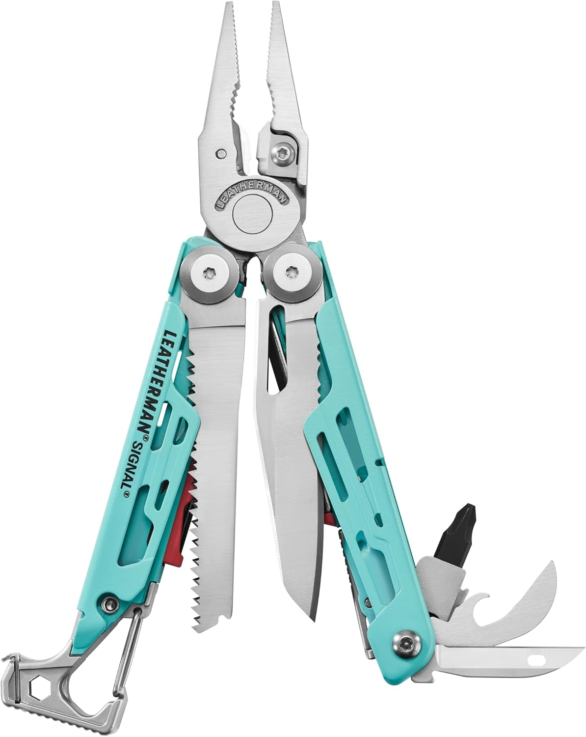 Leatherman Signal&reg; Survival Multitool with Hammer, Whistle & 19 Tools - 4.5" Stainless Lockable Multitool - Aqua & Silver - Ideal for Outdoor Adventures, Camping & EDC