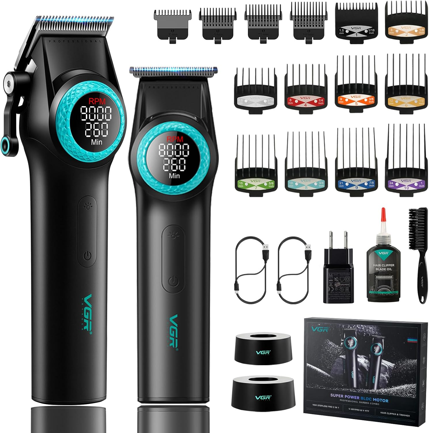 VGR 001 & 977 Professional Hair Clippers for Men, Cordless Barber Clippers and Zero Gap Trimmers Set, DLC Coating Blade Hair Cutting Kit with LED Display, USB Rechargeable Barber Set(Black)