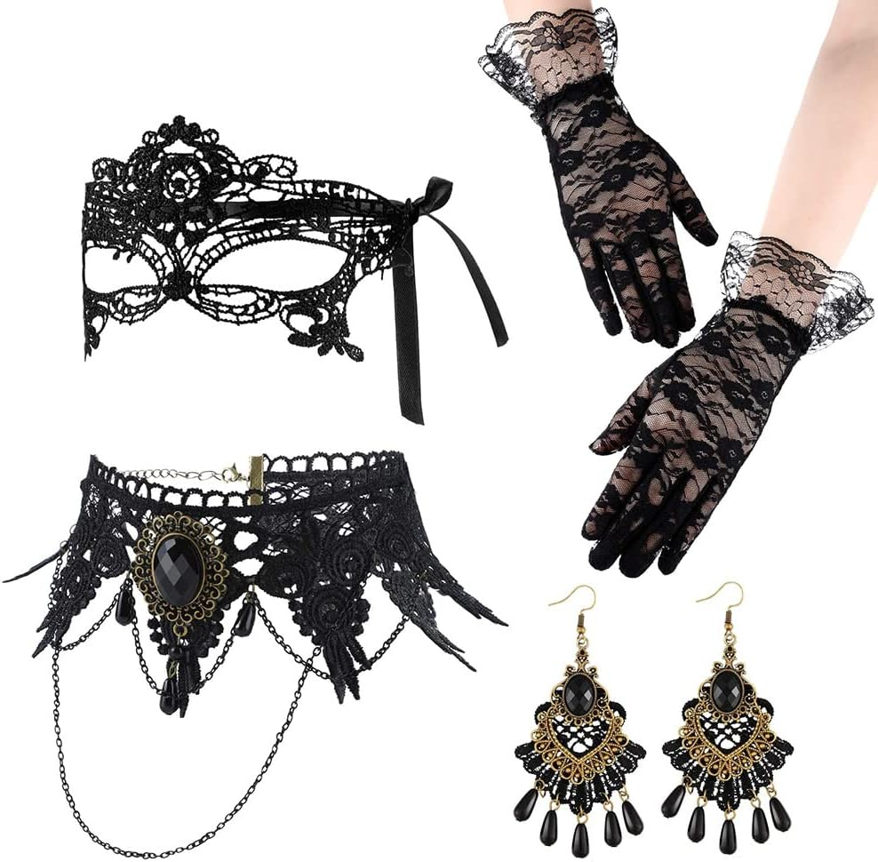 WOTOW 4Pcs Halloween Masquerade Costume, Women Girls Black Gothic Choker Lace Mask Elegant Mesh Lace Gloves Retro Earring for Victorian Steampunk Jewelry Party Wedding Cosplay Suit image number 4
