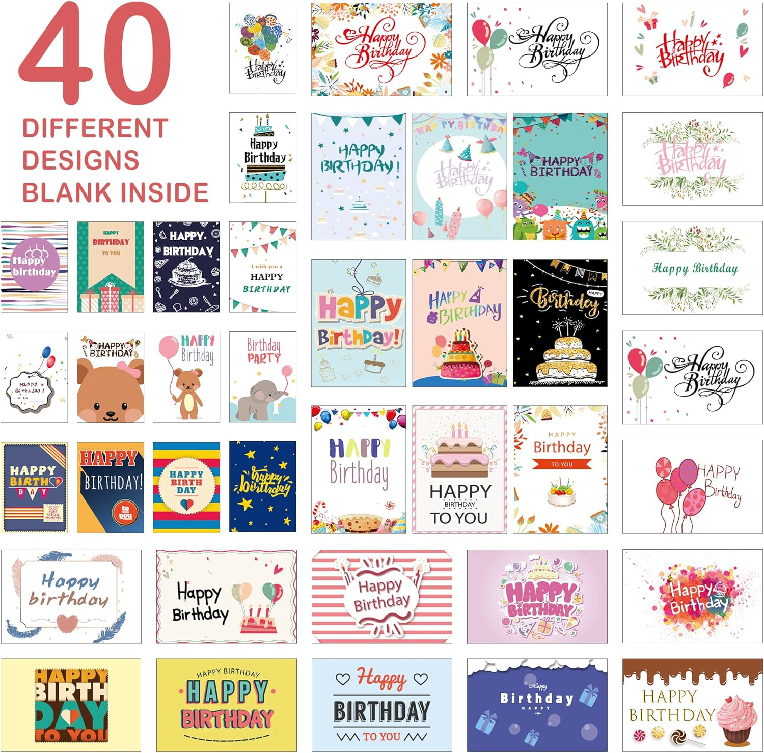 Feela 40 Pack Happy Birthday Cards, 40 Designs Birthday Cards Multipack with 40 Blank Envelopes, 48 Pieces of Stickers 2 Washi Tapes, 10X15Cm Blank Greeting Cards for Women, Men, Friends and Kids image number 1