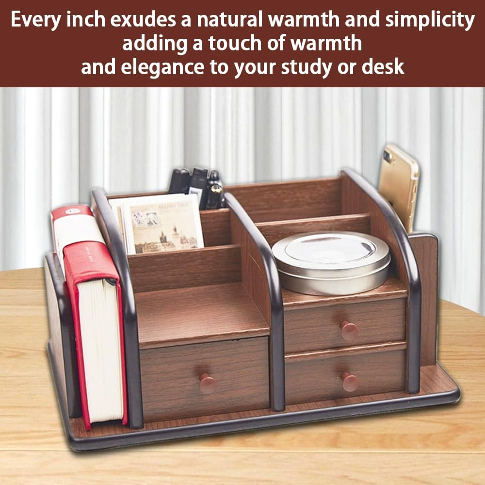 Brown Wooden Desktop Organizer,Wood Office Desk Organizer,Pencil Storage Rack,Large Capacity Drawer,Brown Desktop Accessories,For Kitchen,Desk,Classroom, O0Ffice,Daily Storage image number 2