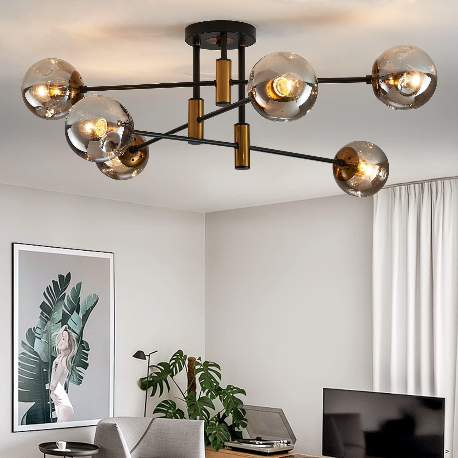 Anyuainiya 6-Light Glass Globe Modern Sputnik Chandelier, Matte Black and Gold Living Room Ceiling Light Fixture Vintage Hanging Chandeliers for Dining Room Living Room Bedroom Farmhouse image number 1