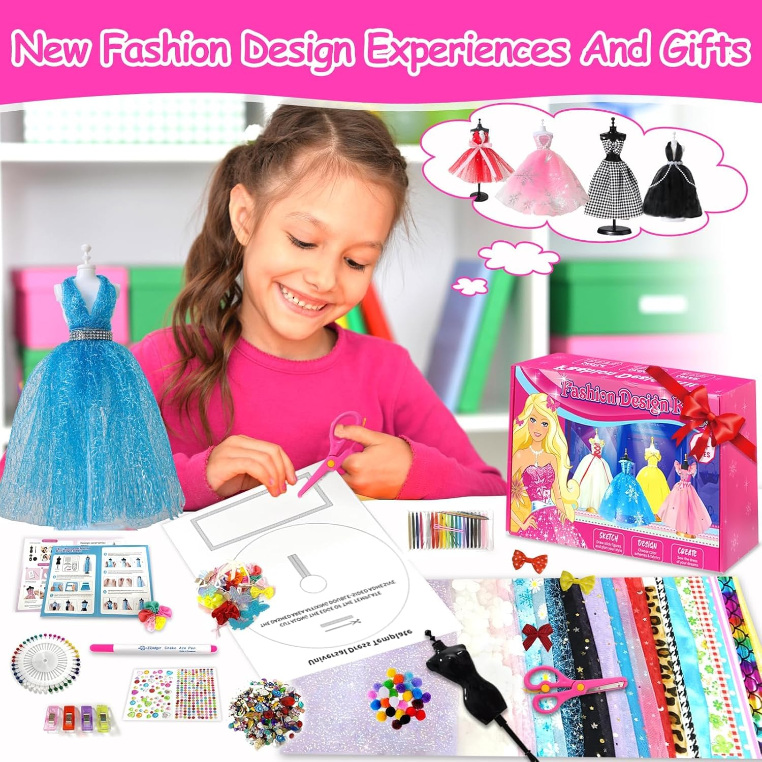 500+Pcs Fashion Designer Kit for Girls, Sewing Kit Arts and Crafts Set for Kids Ages 6-12 with 4 Mannequins & Instruction DIY Doll Clothes Making Learn to Sew Toys for Girls Birthday Gift image number 4