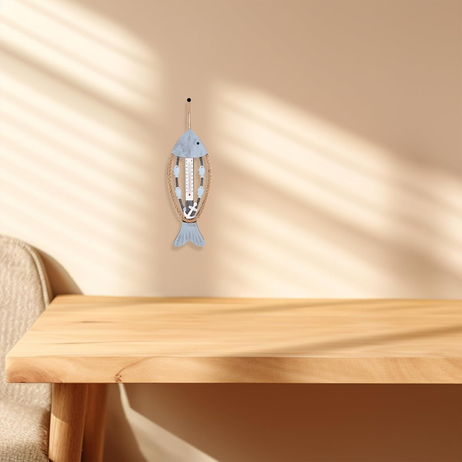 COHEALI Coastal Wooden Fish Bone Thermometer Rustic Mediterranean Style Porch Temperature Gauge Garden Wall Art Decoration for Home and Hotel image number 4