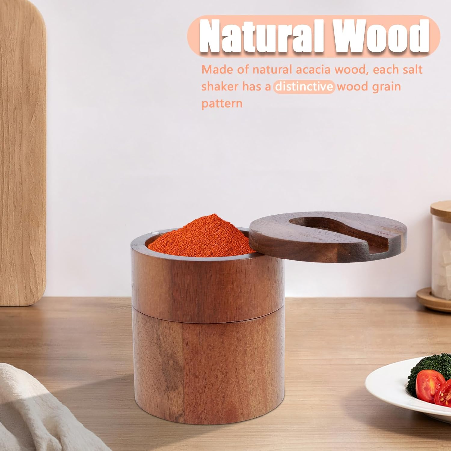 PHWRECZ 2 Layers Acacia Wood Salt and Pepper Bowl Salt and Pepper Storage Box Salt Container Salt Keeper with Built in Spoon and Magnetic Swivel Lid Dustproof Salt Holder for Kitchen Serving (Wood A)