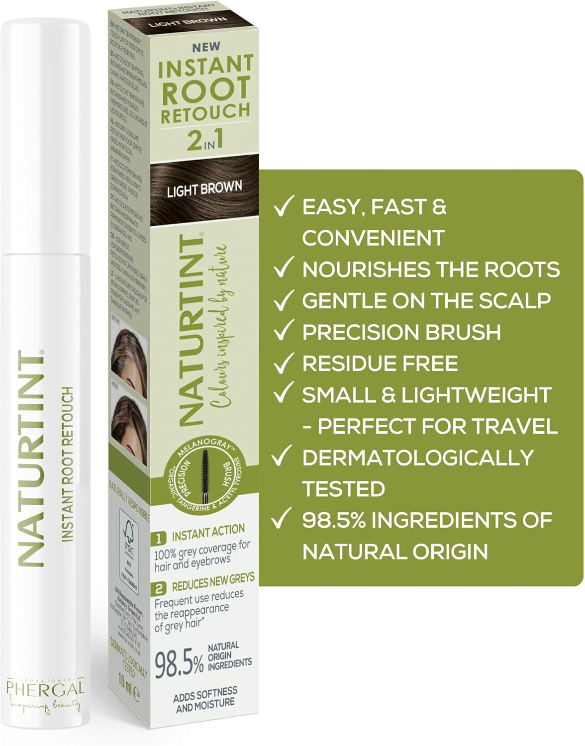 Naturtint Instant Root Retouch | Temporary Grey Hair Touch-Up for Roots and Eyebrows | Practical and Comfortable Thanks to the Brush | 98.5% Natural Ingredients | Light Brown | 10 Ml image number 1
