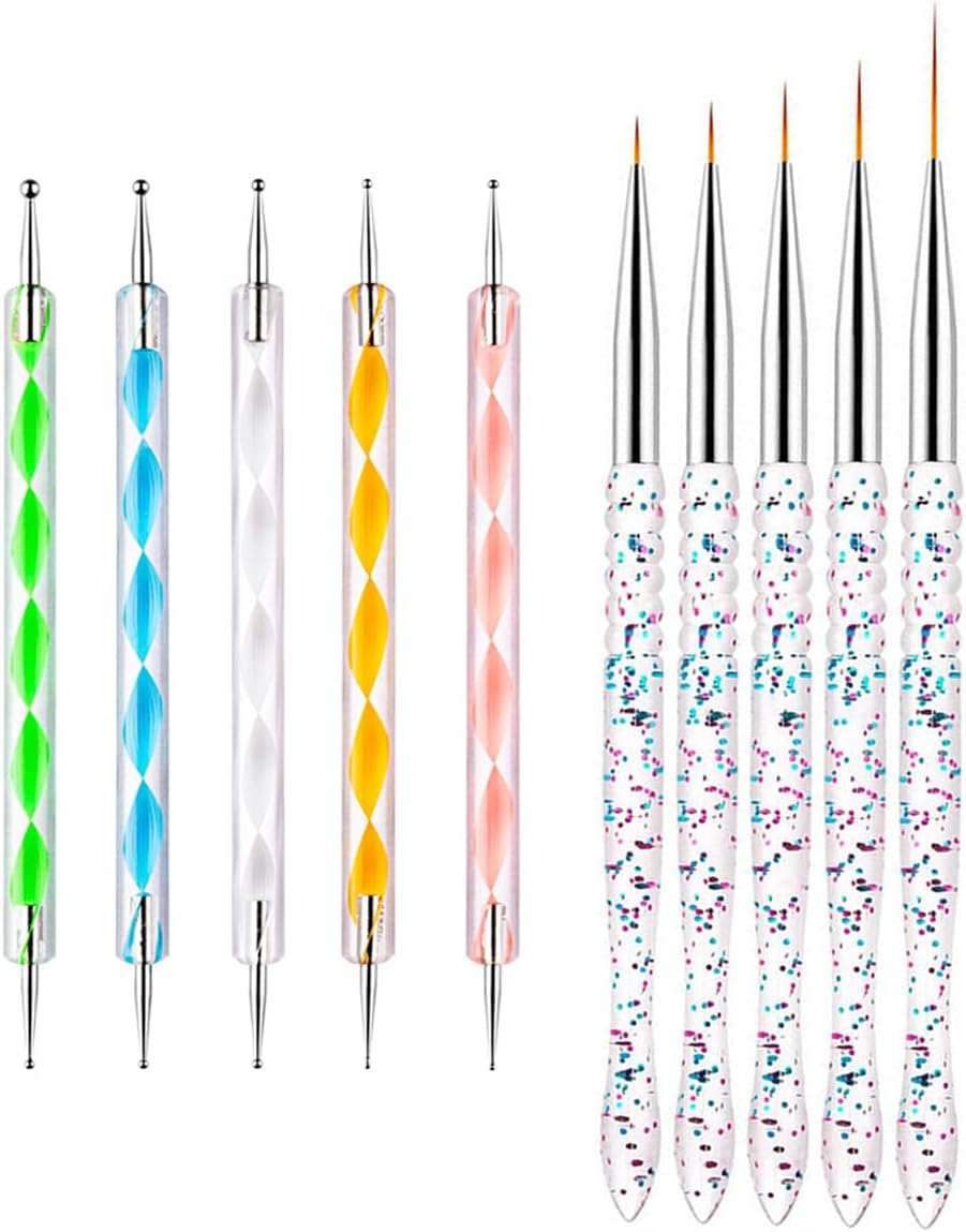Nail Dotting Tools Kit - 10 Pcs, 5 Double-End Tools, 5 Nail Liner Brushes