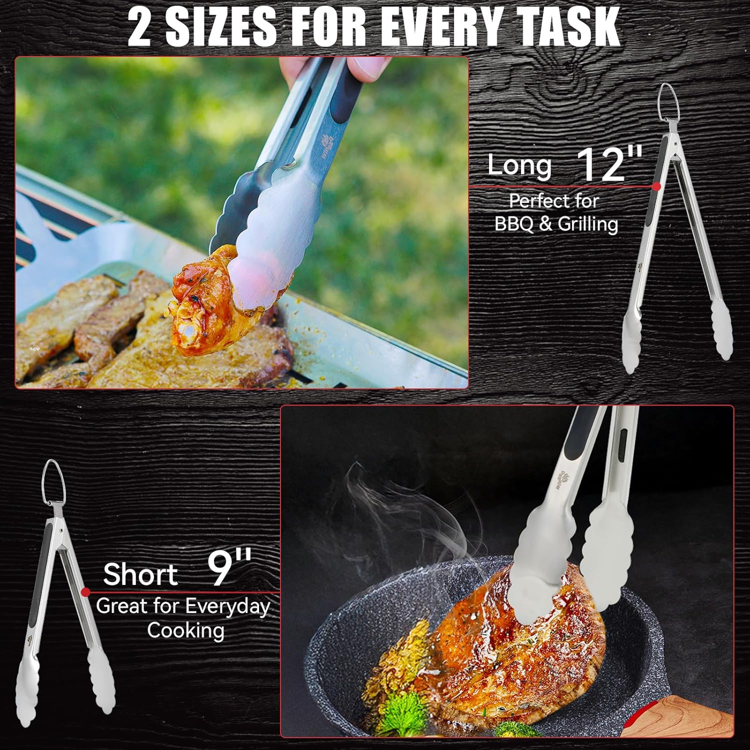 Willbbq Stainless Steel BBQ Tongs Set of 2 &ndash; 9" & 12", Heavy Duty Cooking Tongs with Locking Ring & Non-Slip Grip, Ideal for Grilling, BBQ, Kitchen & Serving image number 4