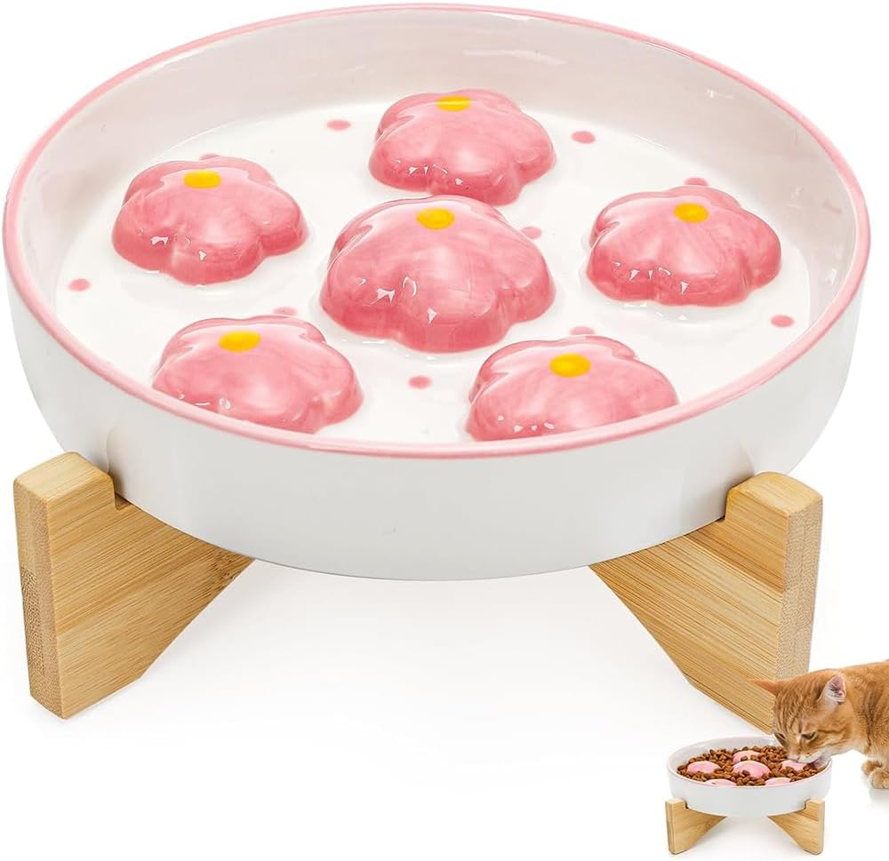 Ceramic Slow-Feed Cat Bowl with Bamboo Stand, Non-Slip Base, Comfortable Feeding, Easy to Clean, Clean and Hygienic, Can Hold Dry Food and Water (Hand-Painted Pink Flowers) image number 5