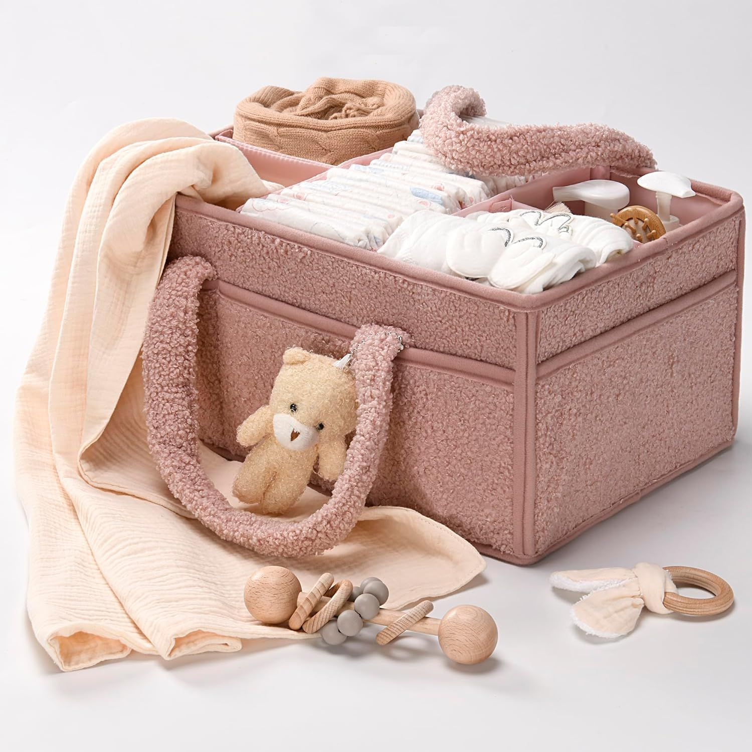 Baby Nappy Caddy Diaper Caddy Organizer, Baby Storage Basket for Diapers and Wipes (Baby Pink, with Bear) image number 6