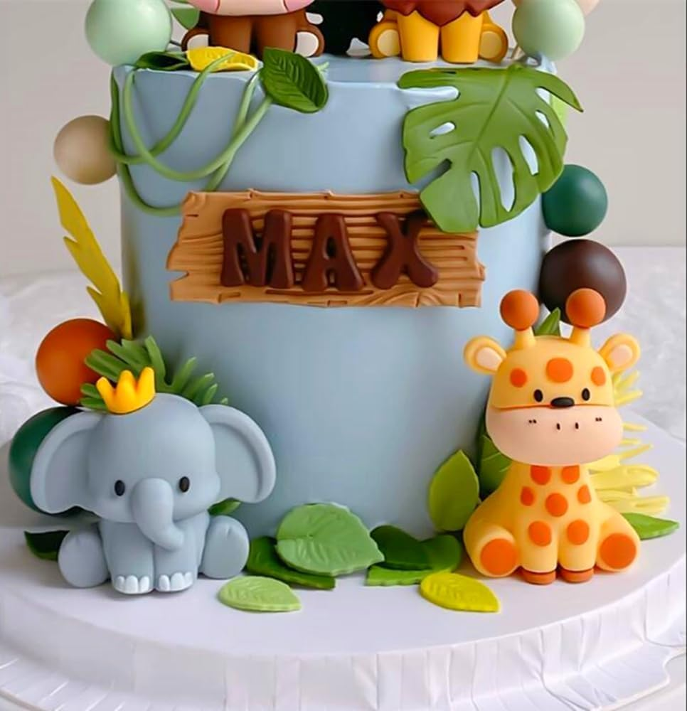 Jevenis Jungle Animals Cake Decoration for Wild One Safari Birthday Party - Giraffe, Elephant, Lion, Tiger Themed Decorations