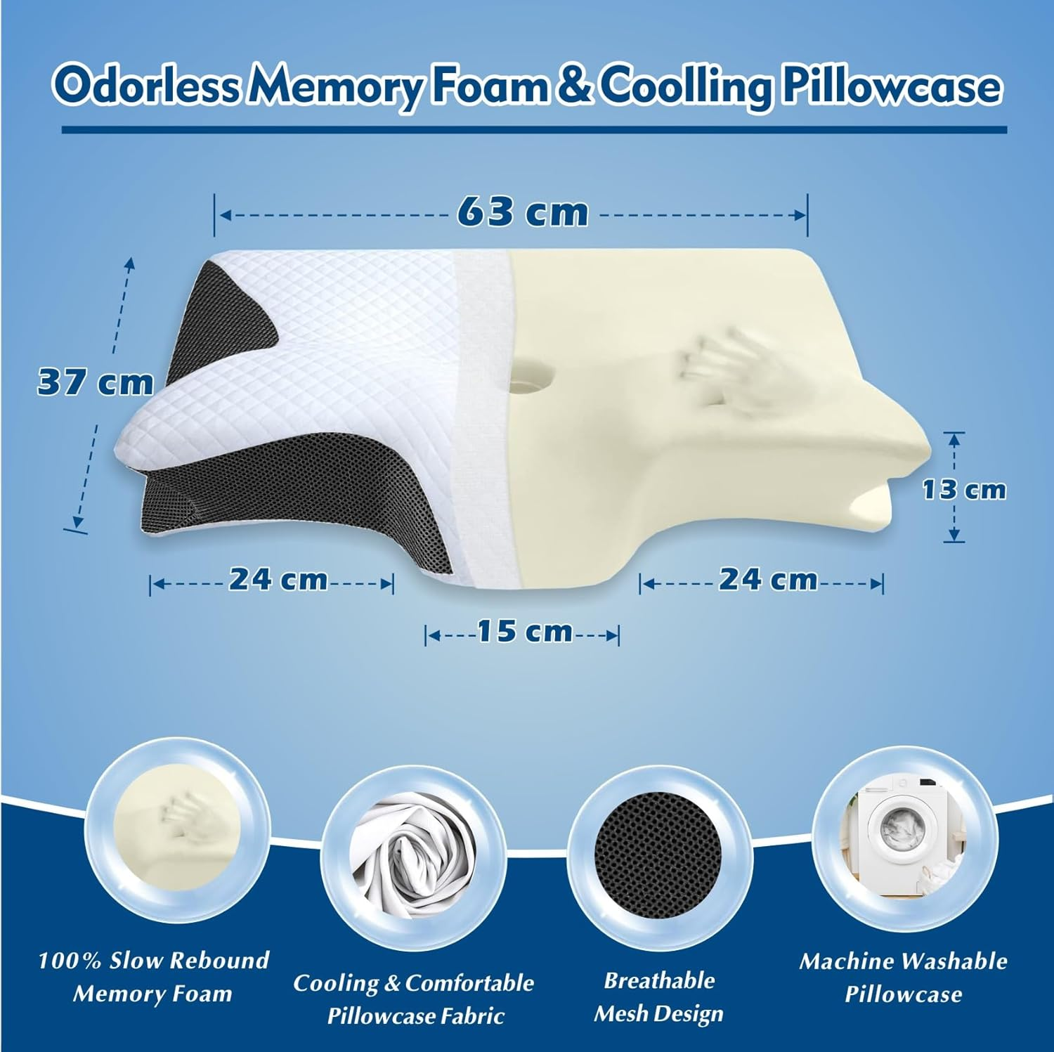 Cooling Memory Foam Cervical Pillow - Neck Pain Relief Ergonomic Bed Pillow for Side&Back&Stomach Sleepers (Black, 63X37Cm) - Black image number 3