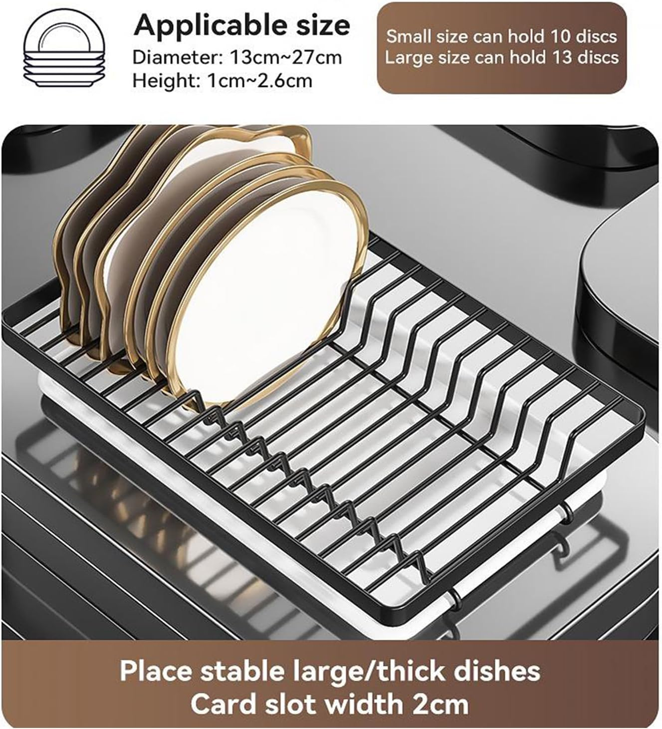 WADY 2 Tier Large Dish Drying Rack, Strong Carbon Steel Dish Drainer, Kitchen Countertop with Draining Board for Kitchen Storage & Organisation, Storage Shelf Bowl Shelves with Water Drip Trays image number 3