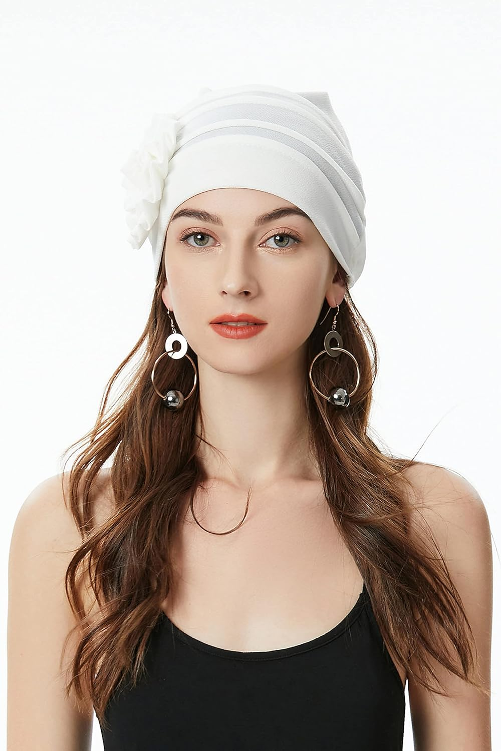 ZLYC Women Turban Beanie Hat with Flower Chemo Headwear Elastic Head Wrap Cap