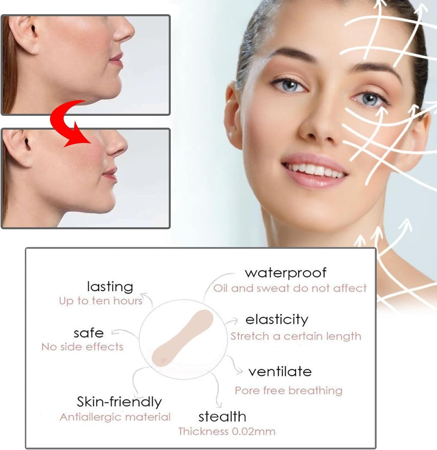 WXYINSPAS 100 Pcs Face Tape Lifting Invisible Kit for Wrinkles, Jowls, Double Chin, Neck, Eye, Waterproof High Elasticity V Shape Lift Tape Stickers, Instant Makeup Bands