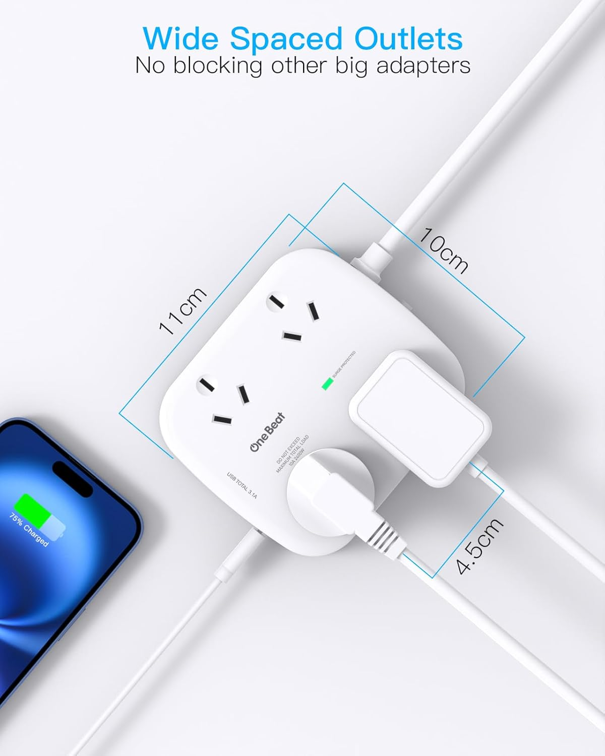 One Beat Surge Protected Power Board with 4 AC Outlets & 4 USB Ports (2&times;USB-C), 1.5M Extension Cord, AU Standard Travel Power Strip for Office, Dorm, Home Essentials