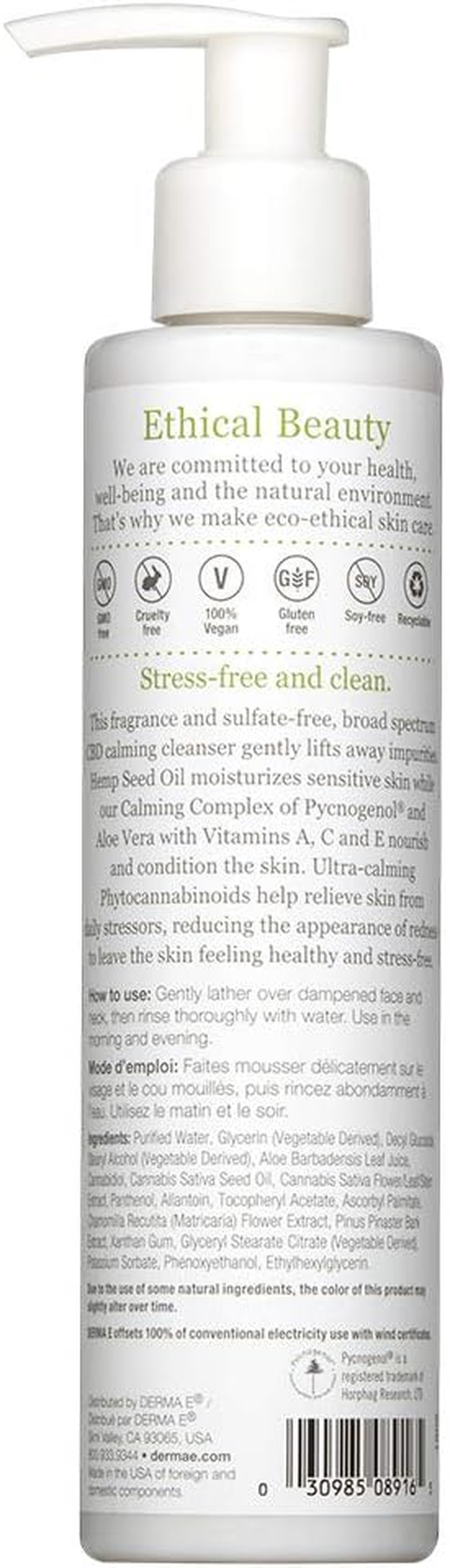 Derma E Skin De-Stress Calming CBD Cleanser for Unisex 6 Oz Cleanser
