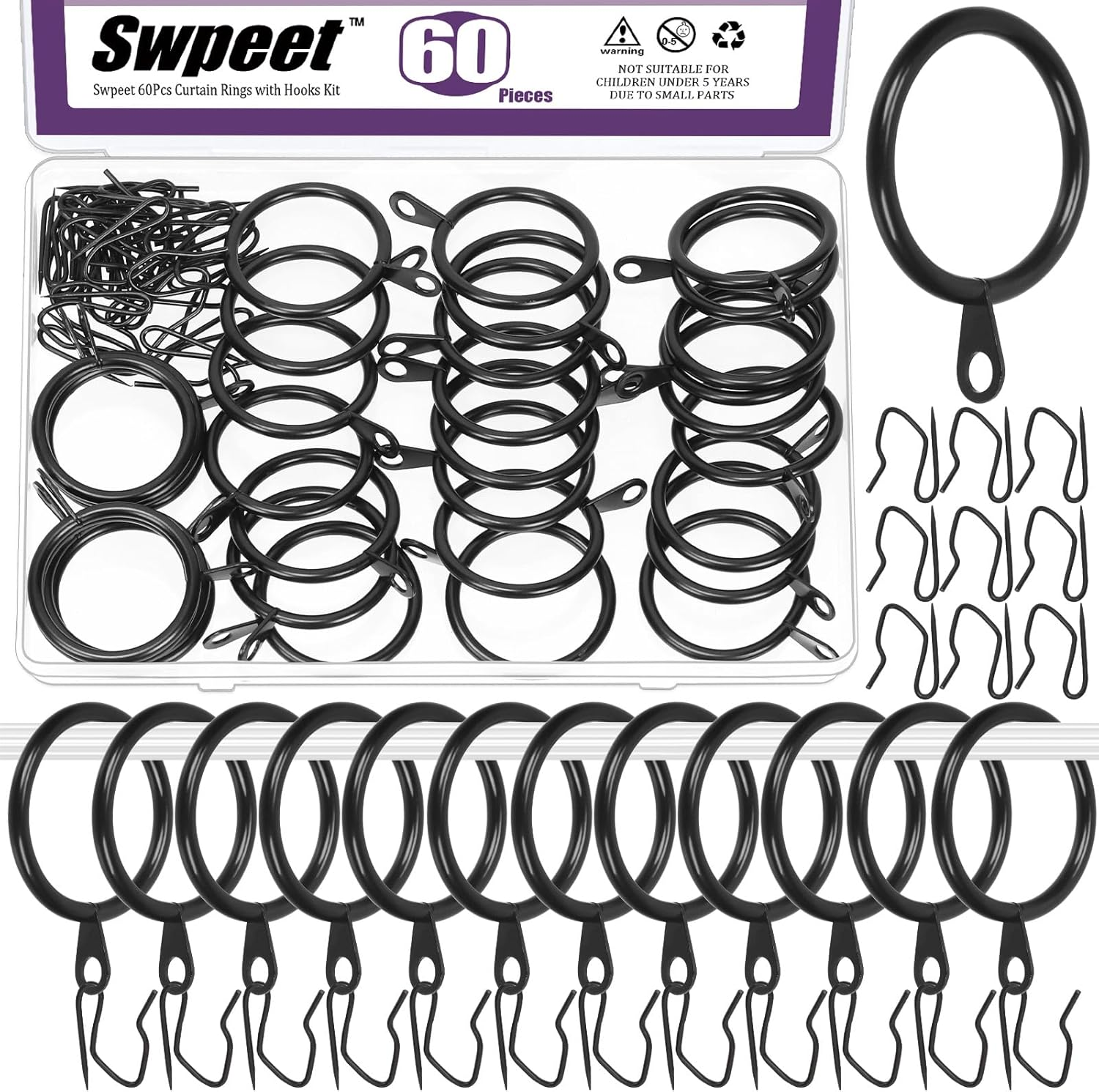 Swpeet 60Pcs 50Mm/2" Inner Diameter Black Metal Curtain Ring with Pin-On Drapery Hooks Assortment Kit, Drape Sliding Eyelet Ring Metal Curtain Hooks, for Window Door Shower Curtain