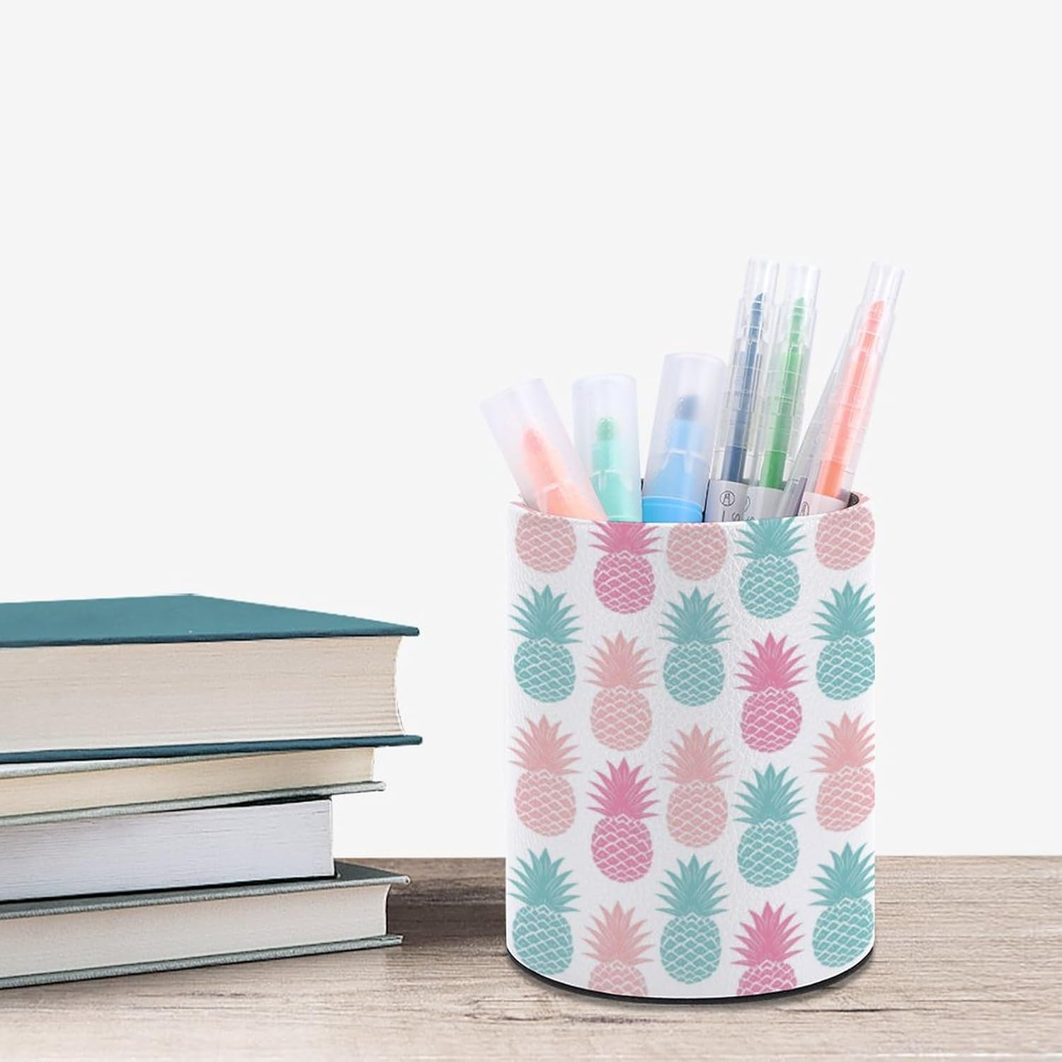 Quteprint round Pencil Holder for Desk, Colorful Summer Pineapple Pen Holder Desktop Pencil Pen Cups Pen Organizer Makeup Organizer Storage Box for Home Office Teacher, Leather image number 4