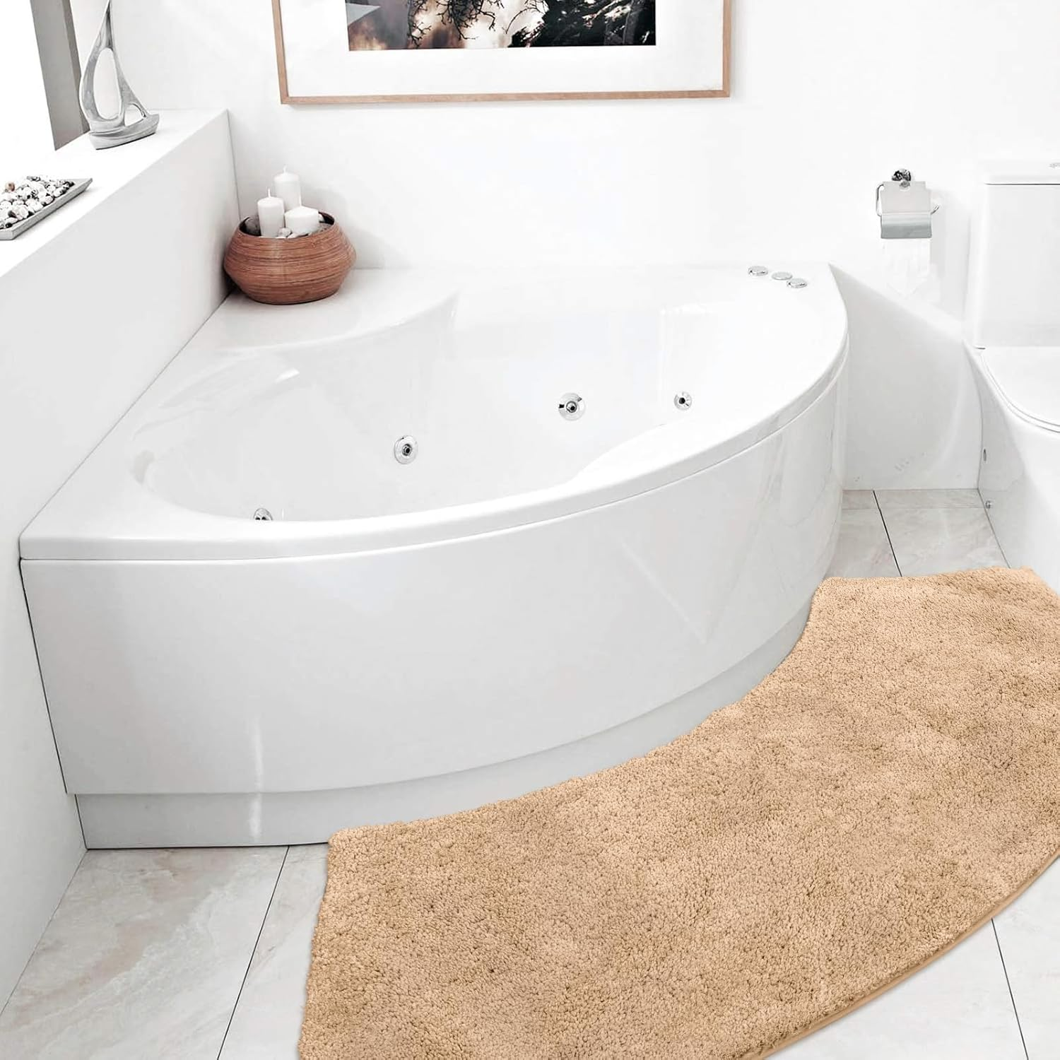 Seavish Luxury Grey Shag Curved Bath Rug, 18 X 57 Inch Non Slip Microfiber Soft Absorbent Fanned Shower Mats Washable Bathroom Rug Corner Bath Tub Floor Carpet for Quadrant Shower Stall