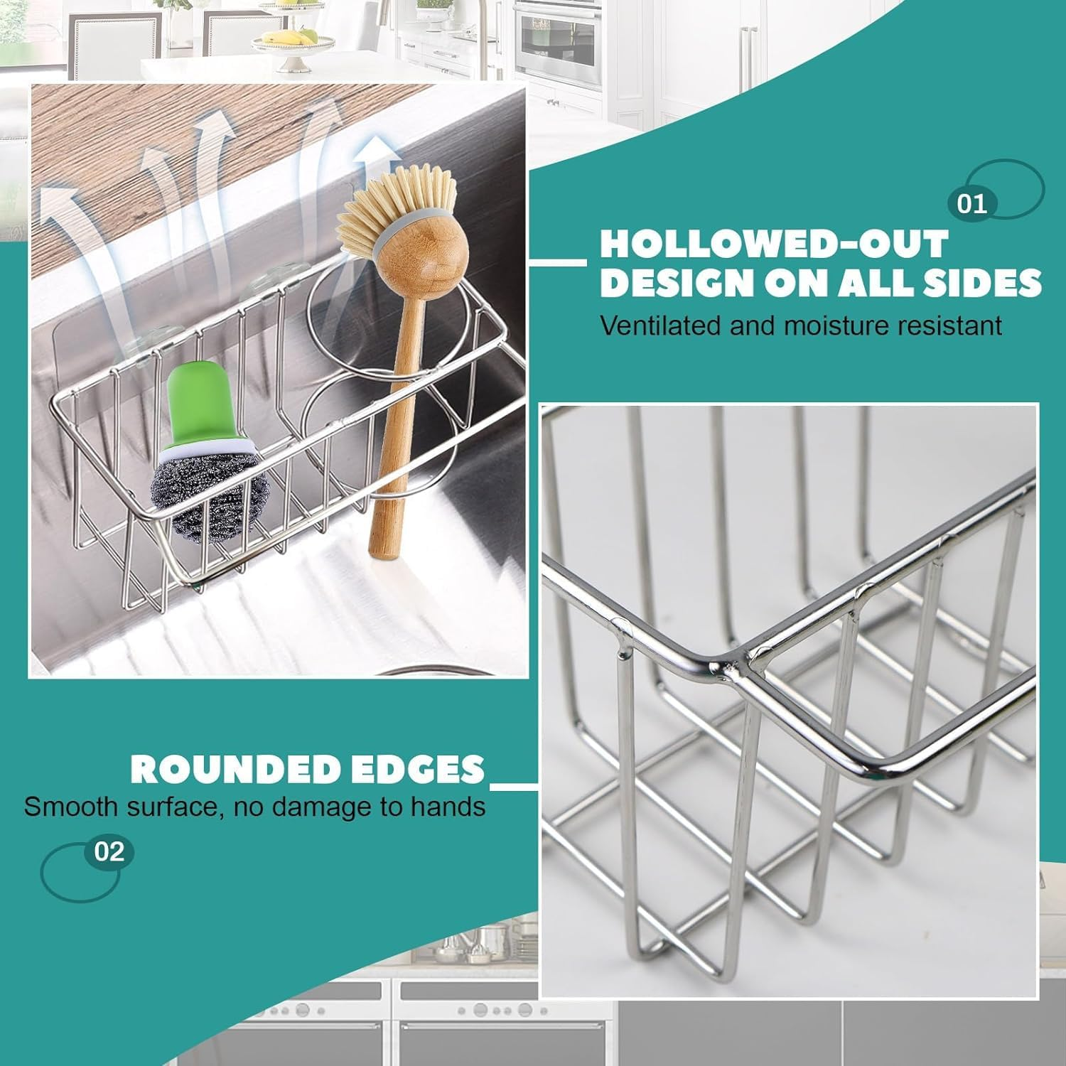 Sponge Rack for Kitchen Sink, Sink Rack Kitchen Sink Storage Box Stainless Steel, Sticky Dish Brush and Cloth Rack (With Nail Free Stickers) image number 2