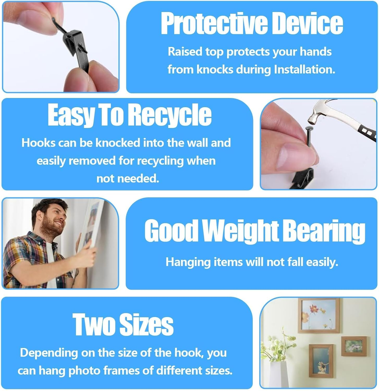 Picture Hangers, 100 Pieces Picture Hanging Kit Including 30Lb and 50Lb Picture Hanging Hooks, Picture Hooks with Nails for Picture Frames, Hanging Pictures, Clocks on Drywall and Wood Walls (Black)