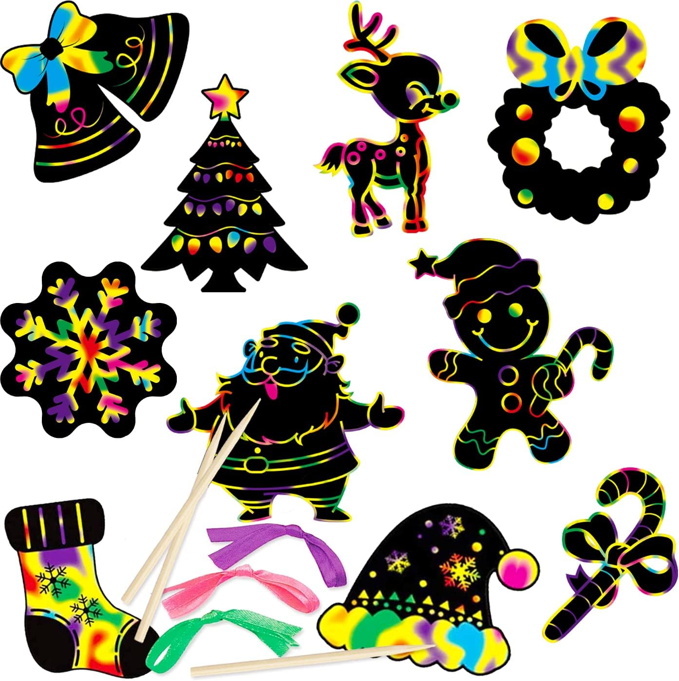 DERAYEE Pack of 48 Christmas Scratch Pictures Scratch Paper Set with Wooden Pens and Ribbons Rainbow Scratch Christmas Stockings Christmas Tree for Christmas Children Gift image number 3