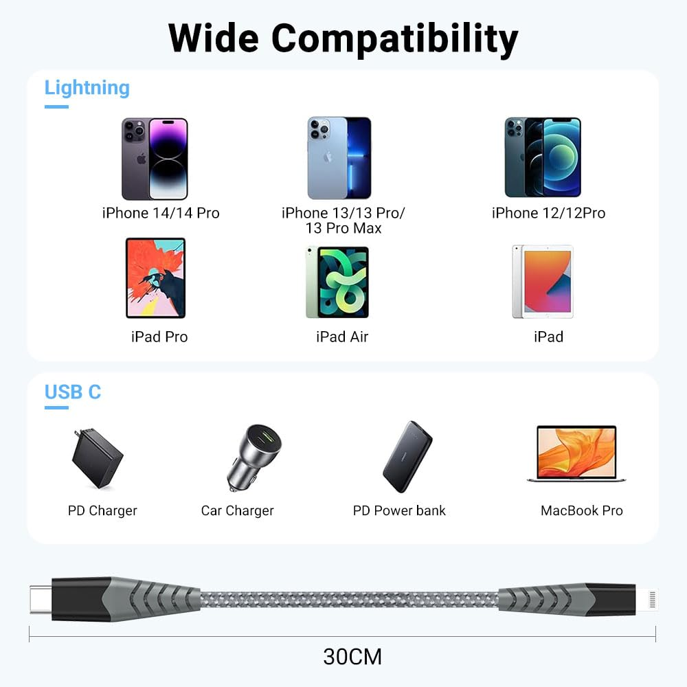 AHGEIIY USB C to Lightning Cable, 0.3M 2Pack Short USB-C to Lightning Cable Apple Mfi Certified Lightning Cable Iphone Fast Charger for Iphone 14 13 12 Mini Pro Max 11 X XS XR 8 Ipad Ipod image number 5