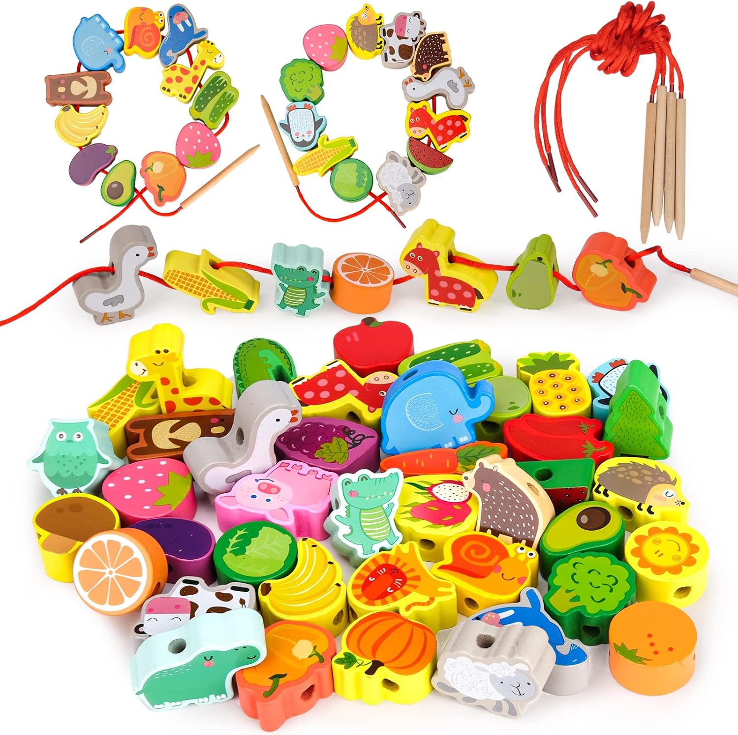 Montessori Toys for Toddlers 2-4 Year Old, Learning & Educational Toys Wooden Fruits & Animals Lacing Travel Sensory Toys for Girls Boys 1 2 3 Year Old Gifts Fine Motor Skills Kids Birthday Present image number 5