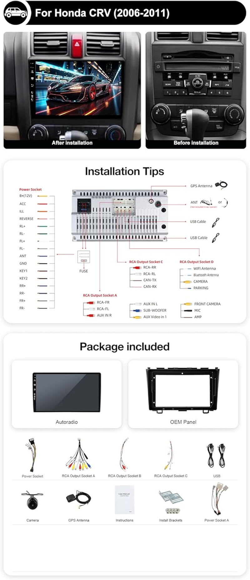 Android 14 IPS Car Stereo for Honda CRV (2006-2011) - 2G+32G - Wireless Carplay/Android Auto - Rear Camera Free - 9 Inch 2 Din - DAB Steering Wheel Fast-Boot DSP Bluetooth Wifi image number 2