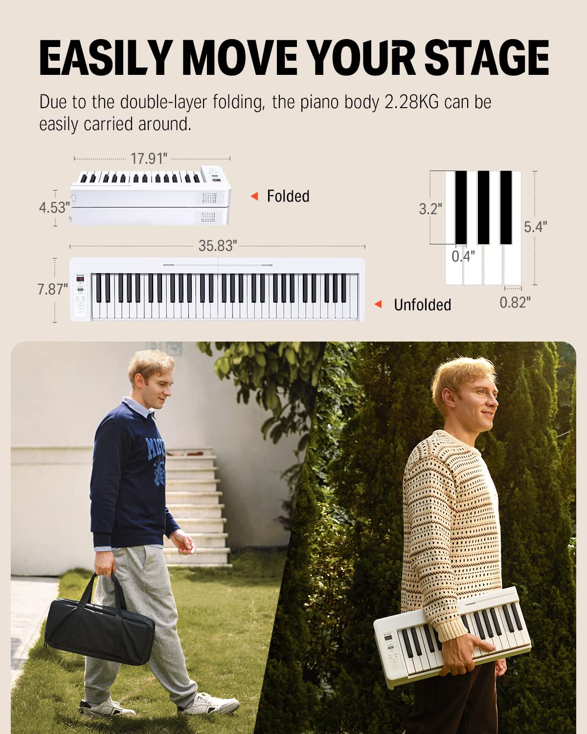 Donner Folding Piano Keyboard, 61 Keys Sensitive Electric Piano, Portable Beginner Digital Piano Foldable Keyboard with Music Rest, Piano Bag, Piano Pedal, Piano APP, DP-06 White image number 5