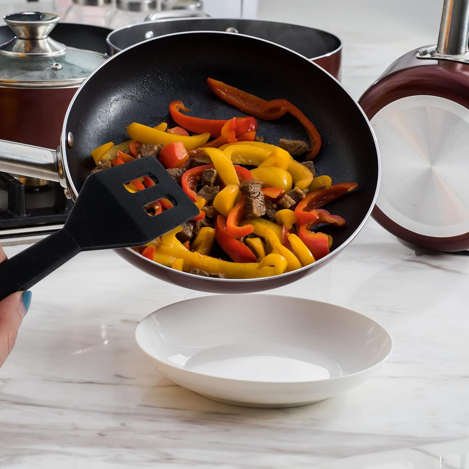 SAVITA Mini Brownie Serving Spatula Flexible Silicone Turner Heat-Resistant Flipper Nonstick Slotted Spatula for Fish, Eggs, Pancakes, Wok(Black) - Red image number 3