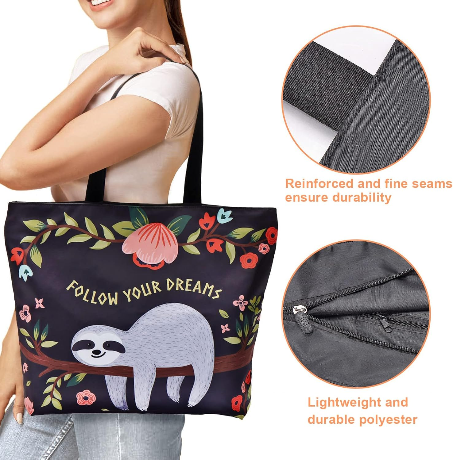 AOKSUNOVA Reusable Shopping Bags Large Foldable Grocery Bag Cute Sloth Tote Bag for School Black