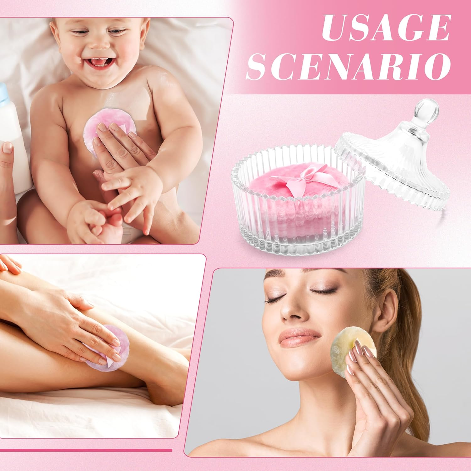 5PCS Body Powder Puff and Container, Coolrunner Crystal Clear Powder Container with Powder Spoon, Dusting Powder with Puff for Women, Washable Reusable image number 2