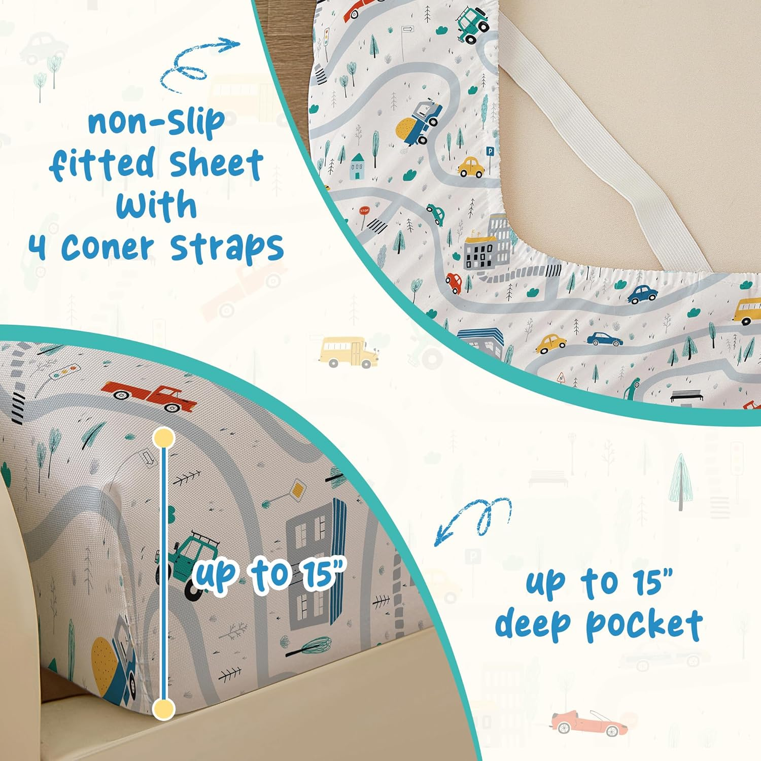 Bedmoon Boys Twin Sheets, Kids Car Truck Soft Microfiber Twin Sheets & Pillowcases with Elastic Corner Straps, White image number 3