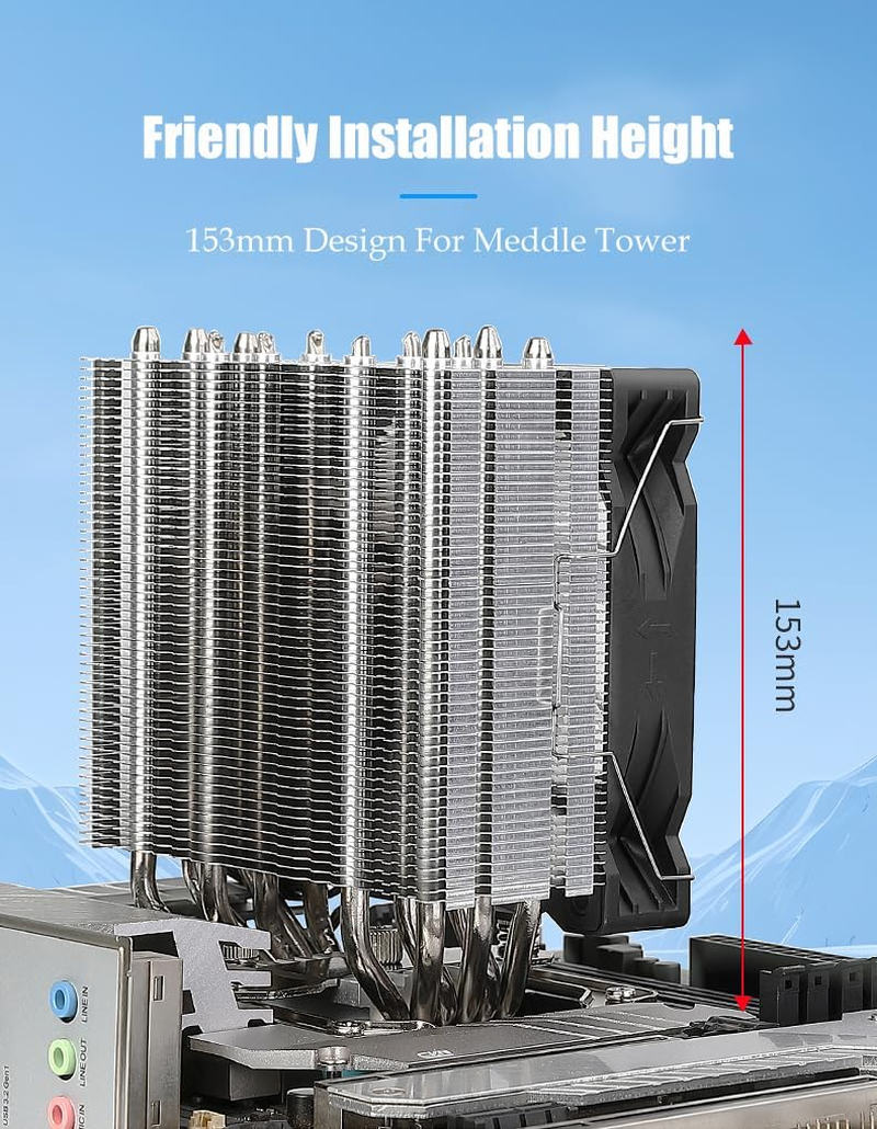 Huntkey Storm T600F CPU Cooler with ARGB Lighting, 6 Copper Heat Pipes CPU Air Cooler with Dual-Fan, Easy Install Each 120Mm 1800RPM PWM 78CFM for Intel LGA1700/1200/1151/1150/1155 AMD AM5/AM4 image number 5