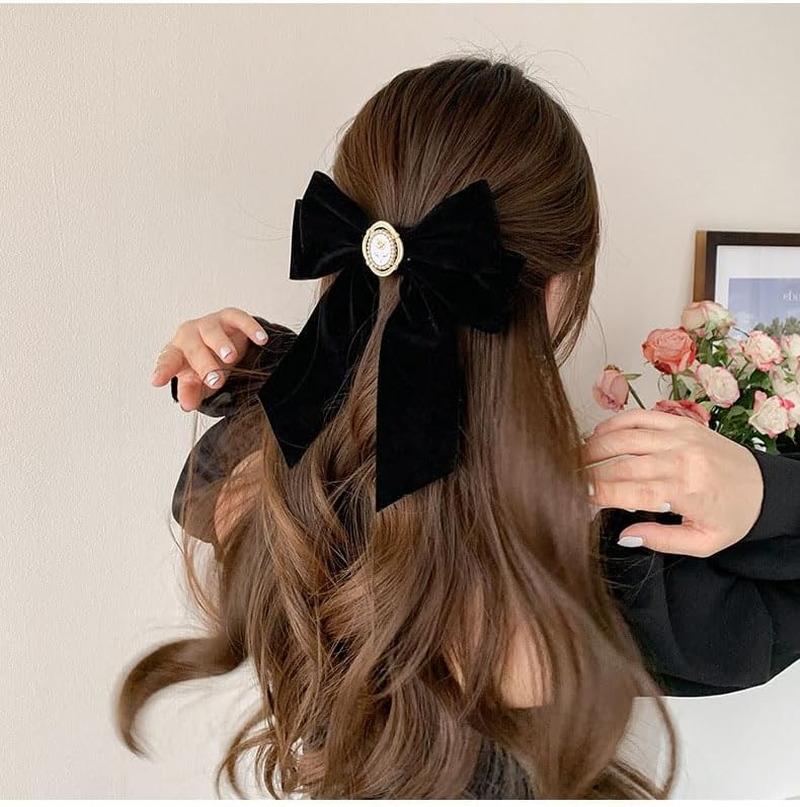 Black Velvet Hair Bows Clips for Women Rose Bow Ribbon Clip Large Bowknot Barrettes Ribbons for Girls Ponytail Accessories Rose Hairpins image number 4