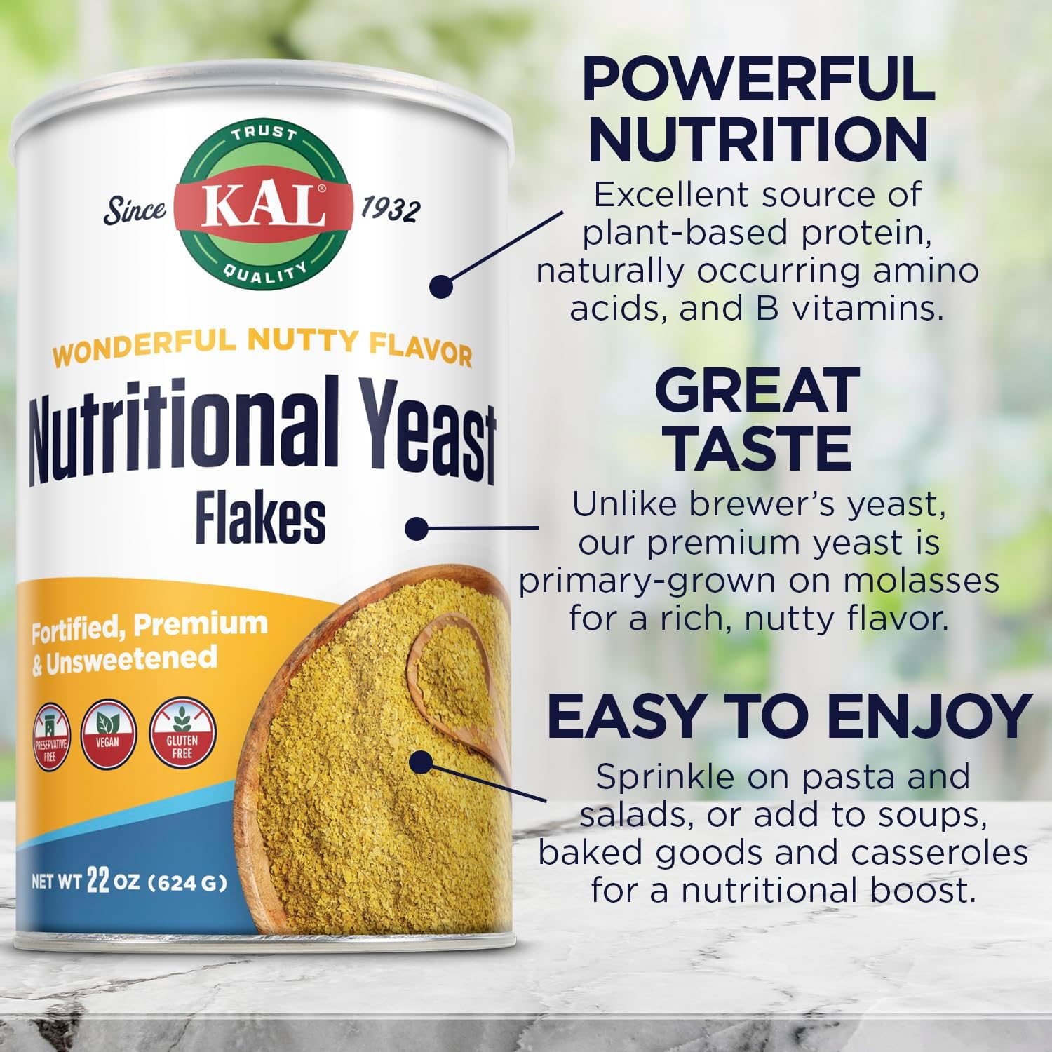 KAL Nutritional Yeast Flakes | Vitamin B12, Vegan, Non-Gmo, Gluten Free | Unsweetened, Great Flavor, No Bitter Aftertaste | Great for Cooking | 22 Oz image number 1