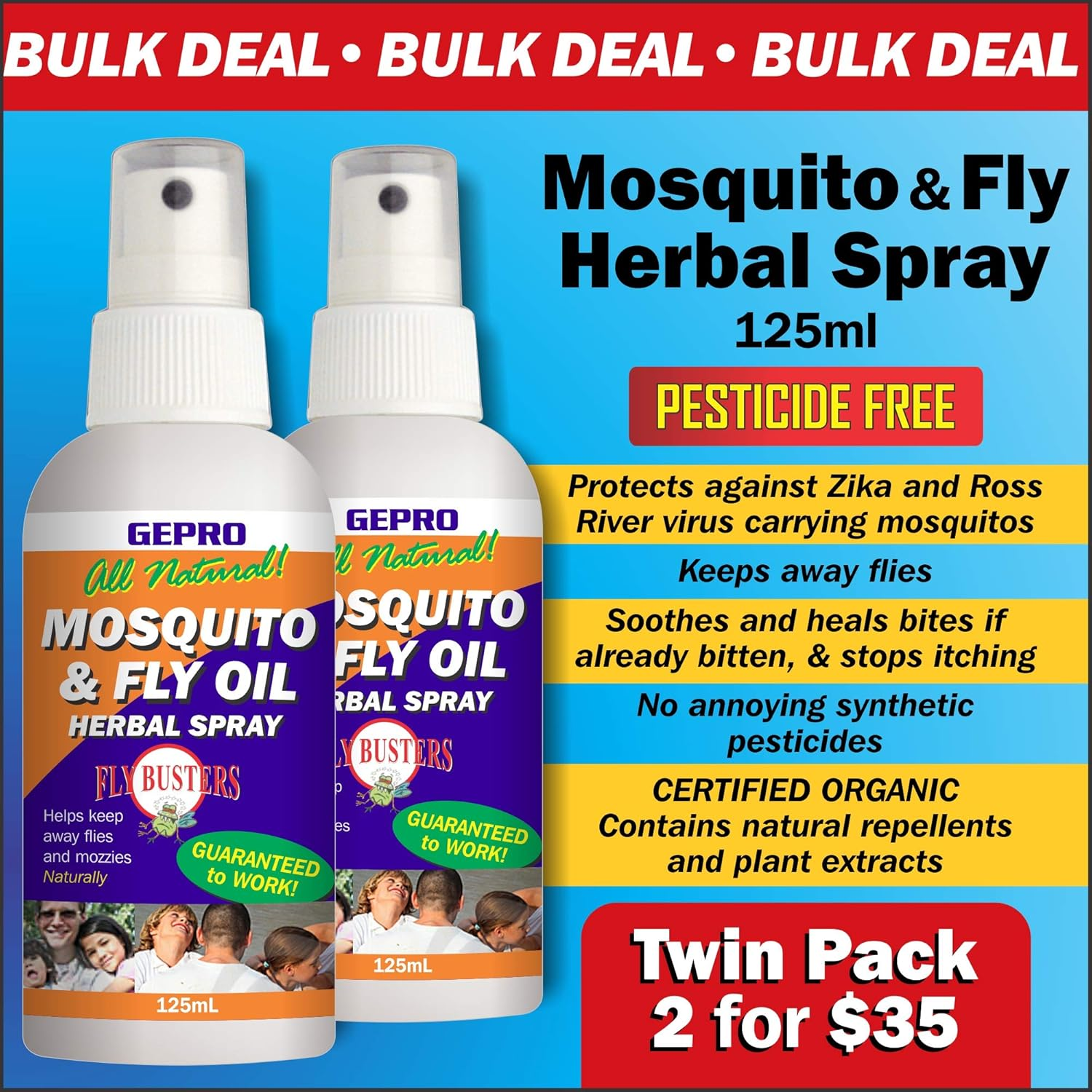Australian Made Mosquito & Fly Repellent - All Natural - No Chemicals - Certified Organic - TWIN PACK