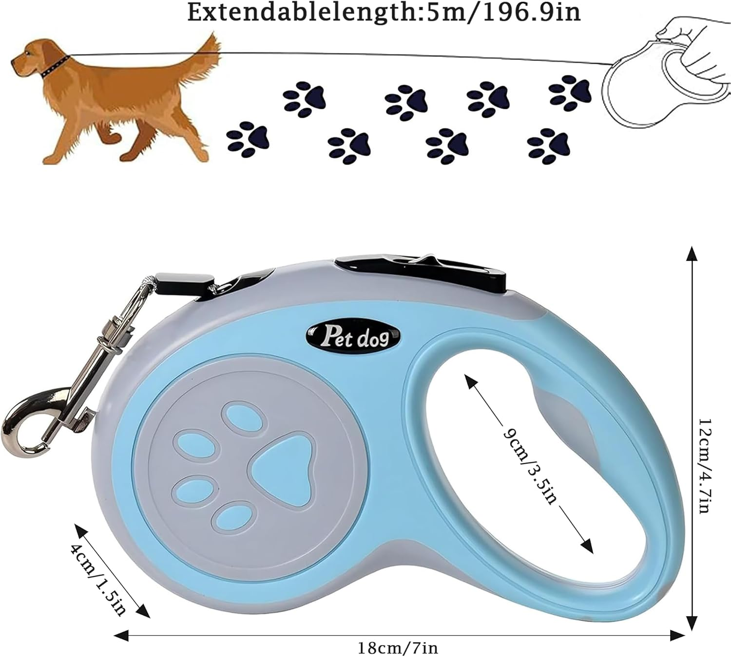 Retractable Dog Lead, 5M/16FT Extendable Dog Training Lead with Strong Nylon Tape, Tangle-Free One-Handed Brake&Pause, Lock for Small Medium Dogs (Blue) - Green image number 6