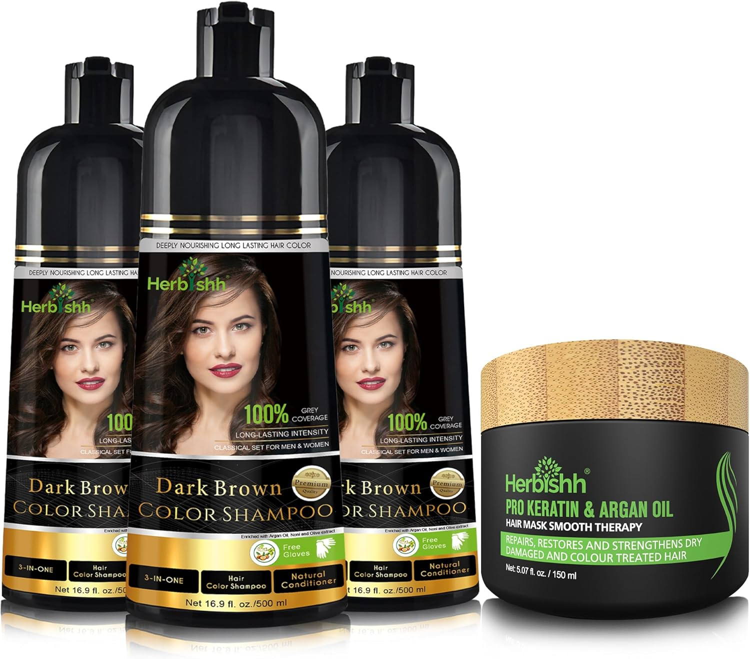 Herbishh Ultimate Hair Color Shampoo Kit (3Pcs Hair Color Shampoo Dye +1 Argan Hair Mask) Smooth and Long Lasting Color Shampoo for Grey Hair Men & Women Easy & Quick to Use-Combo4 (Black)