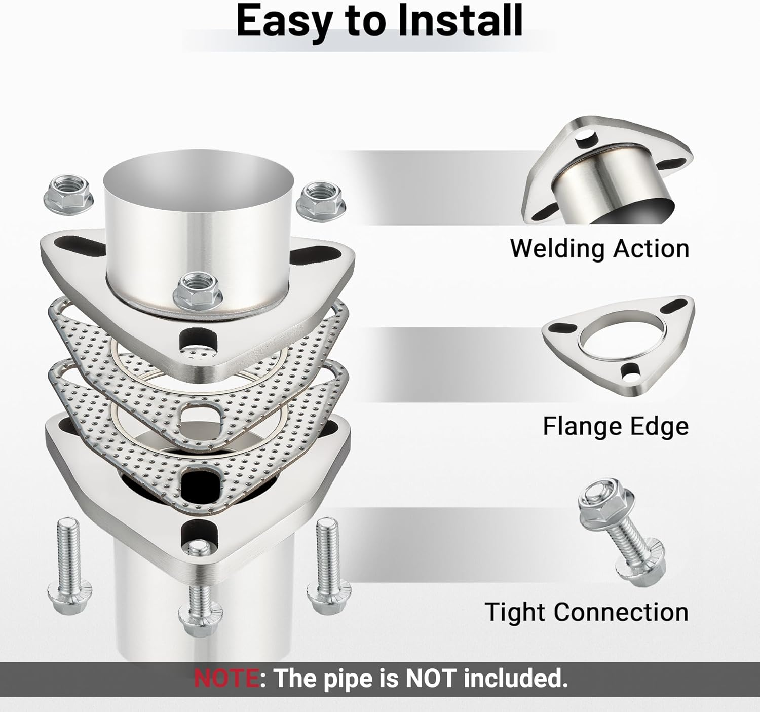 EVIL ENERGY 2 Inch 3 Bolt Stainless Steel Exhaust Flange & Exhaust Gasket Kit with Bolts & Nuts, Exhaust Flange Connection Kit for Automotive Replacement Exhaust Flanges (2PC Gasket) image number 6