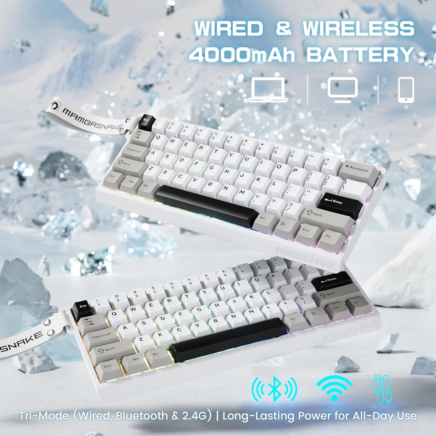 MAMBASNAKE X60 HE 60% Bt/2.4G/Wired Tri-Mode Gaming Keyboard Adjustable Actuation,Rapid Trigger Magnetic Switch Mechanical Keyboard,Rgb Backlit,8Khz Polling Rate with Coiled Cable for Pc/Mac-White image number 5