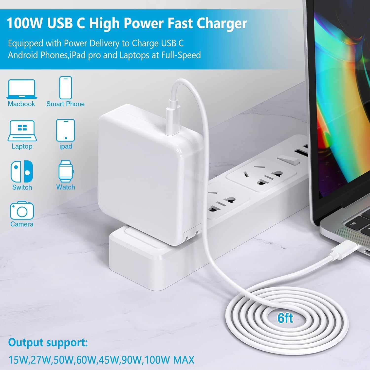 100W Macbook Pro Charger,Usb C Fast Charger Power Adapter Compatible with Macbook Air 13 Inch,Macbook Pro 16, 15, 14, 13 Inch, Ipad Pro 2023/2022/ 2021/2020/ 2019/2018...USB C to C Cable Power Adapter image number 5