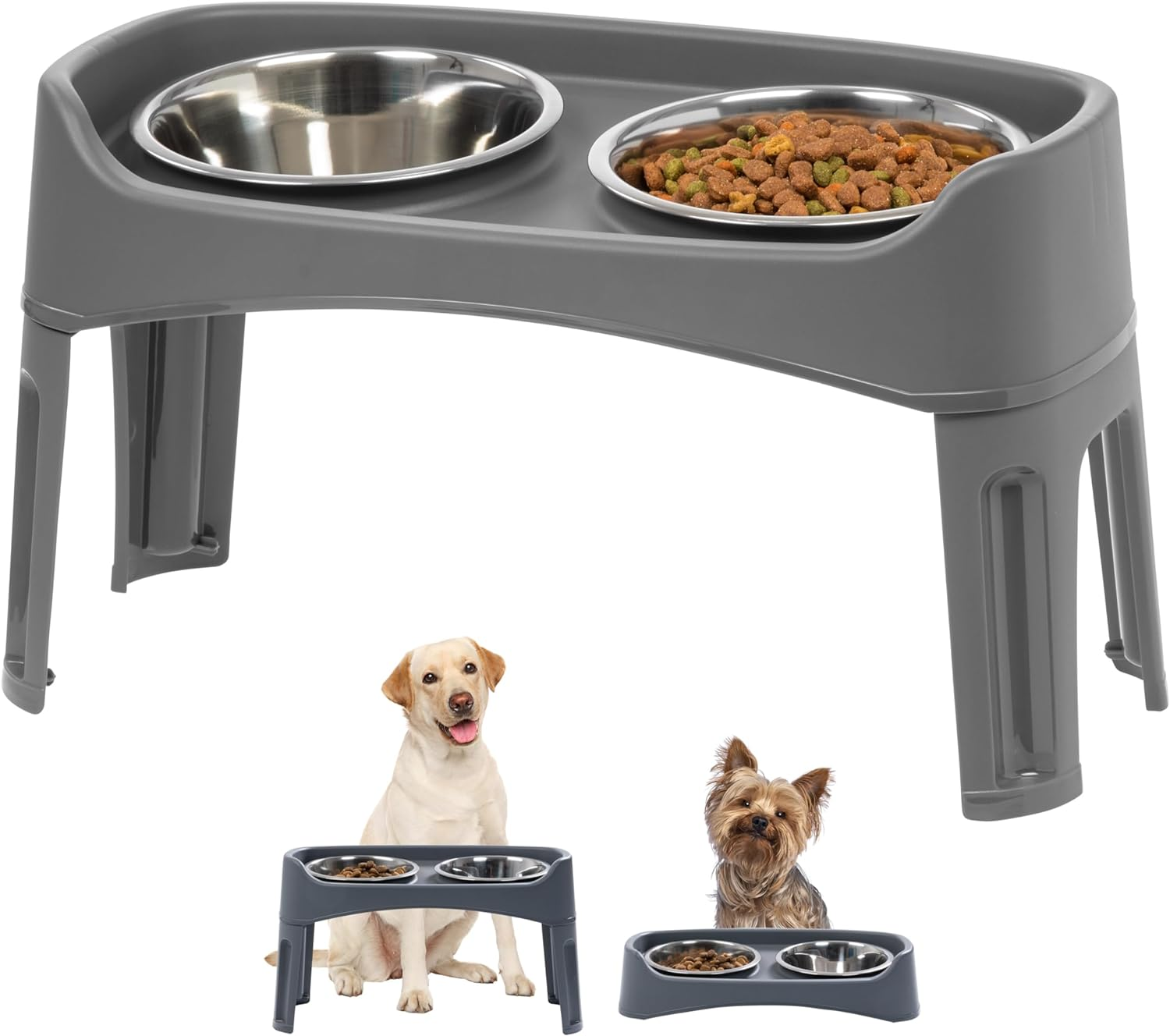 IRIS USA Elevated Dog Bowls, 15" H Raised Bowl for Large Dogs, Airtight Pet Food Storage Holds up to 47 Lbs, 2 Removable 64 Oz Stainless Steel Bowls, at Home or Camping, Smoke/Black