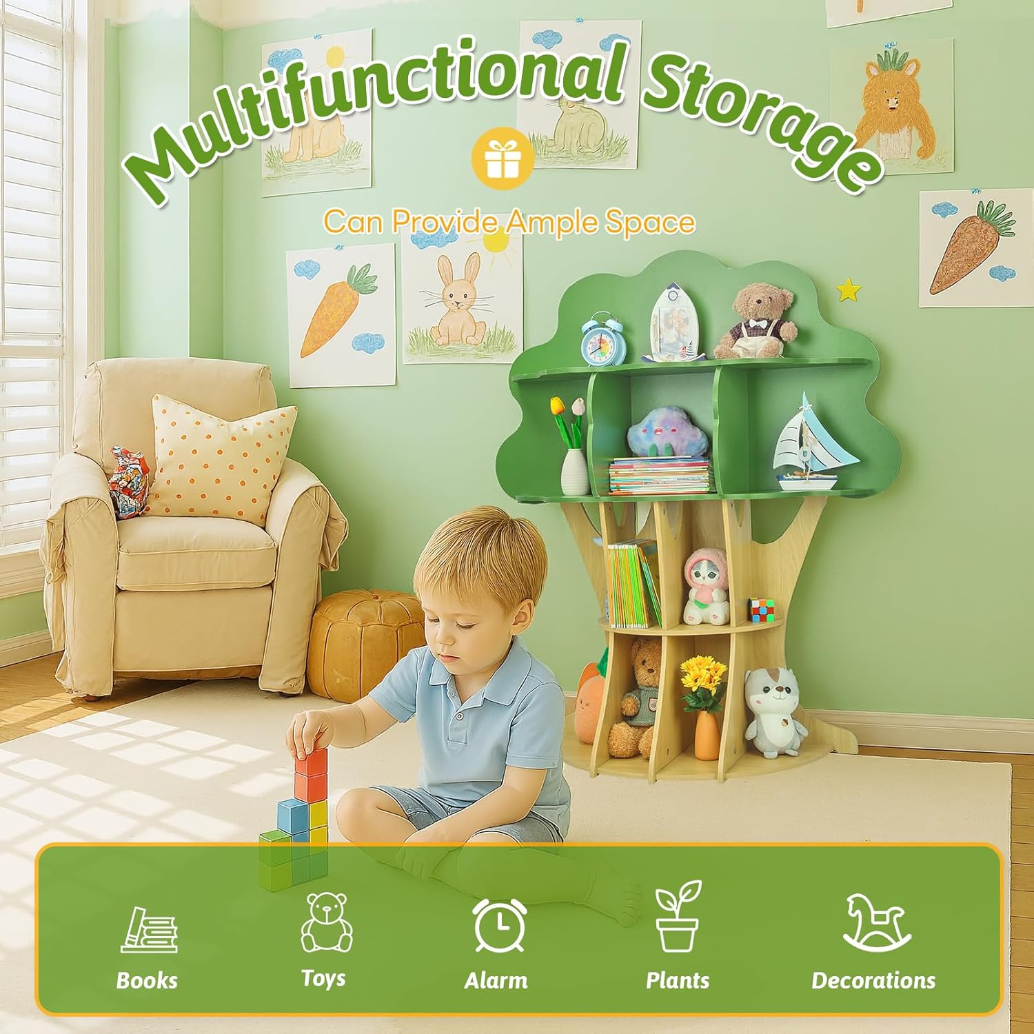 Tree Bookshelf for Kids - 130Cm Multi-Functional Tree Bookcase with Safety Anchor | Large Storage for Toys & Books | Non-Toxic Finish image number 4